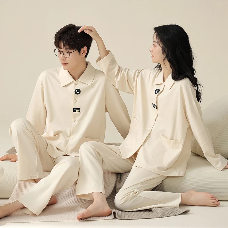 Couple style men and women's pajamas pure cotton cardigan lapel simple and fashionable spring and autumn casual home wear M-3XL