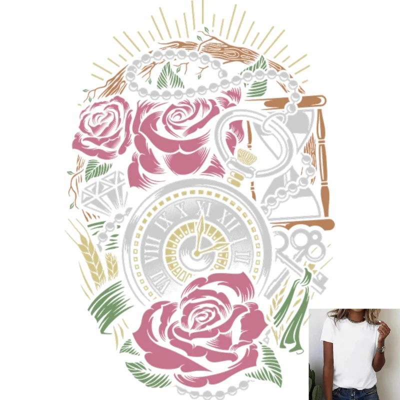 Vintage Rose & Pocket Watch Pattern Heat Transfer White Ink Iron - on, Suitable for T - shirts/Canvas Bags, Versatile for Daily