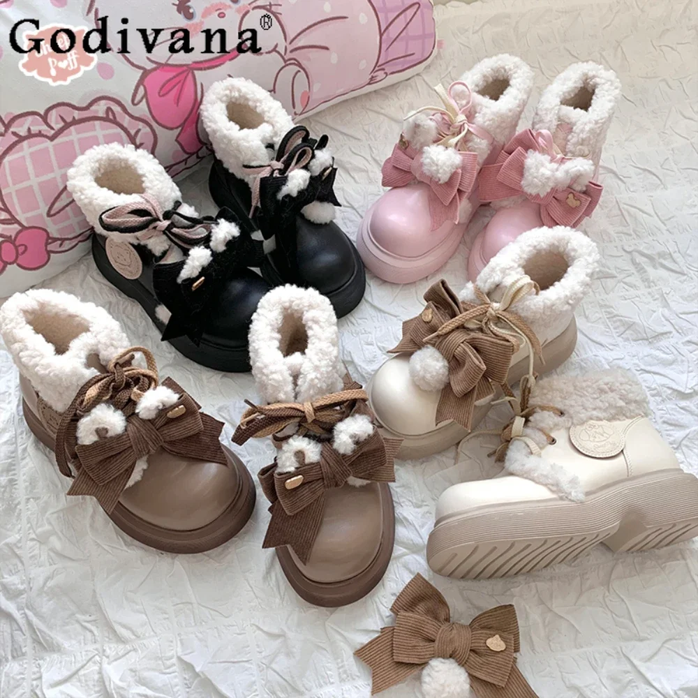 

Autumn Winter Velvet Warm Cotton Shoes Short Snow Boots Sweet Cute Bow Leather Flat Women Boot