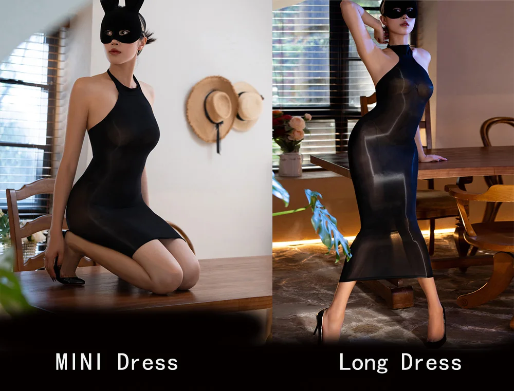 Sexy Women Oil Glossy Shiny Micro Mini Dress Halter Bodycon Tights Transparent Dresses Sheer See Through Elastic Pencil Dress