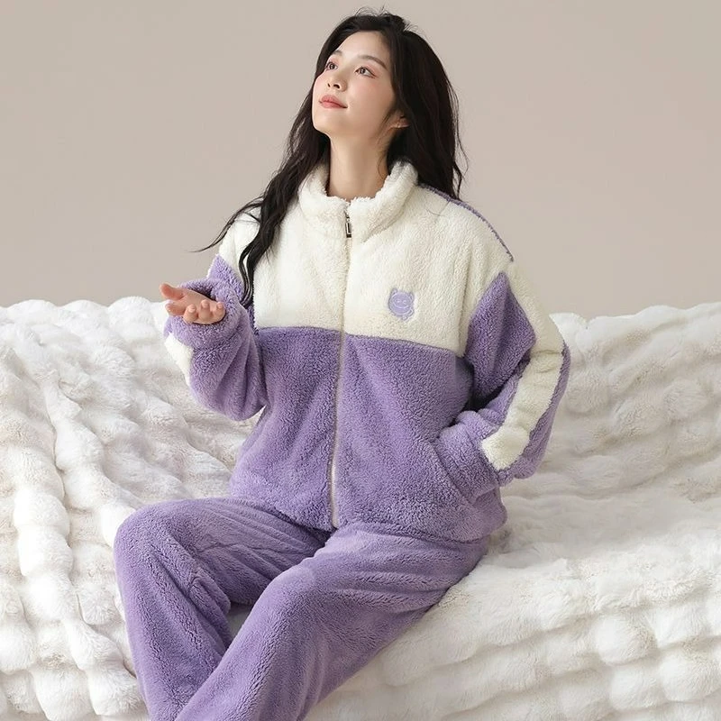 Pigiama in pile corallo per donna autunno e inverno addensato con set in pile per la casa con cerniera può essere indossato all'esterno