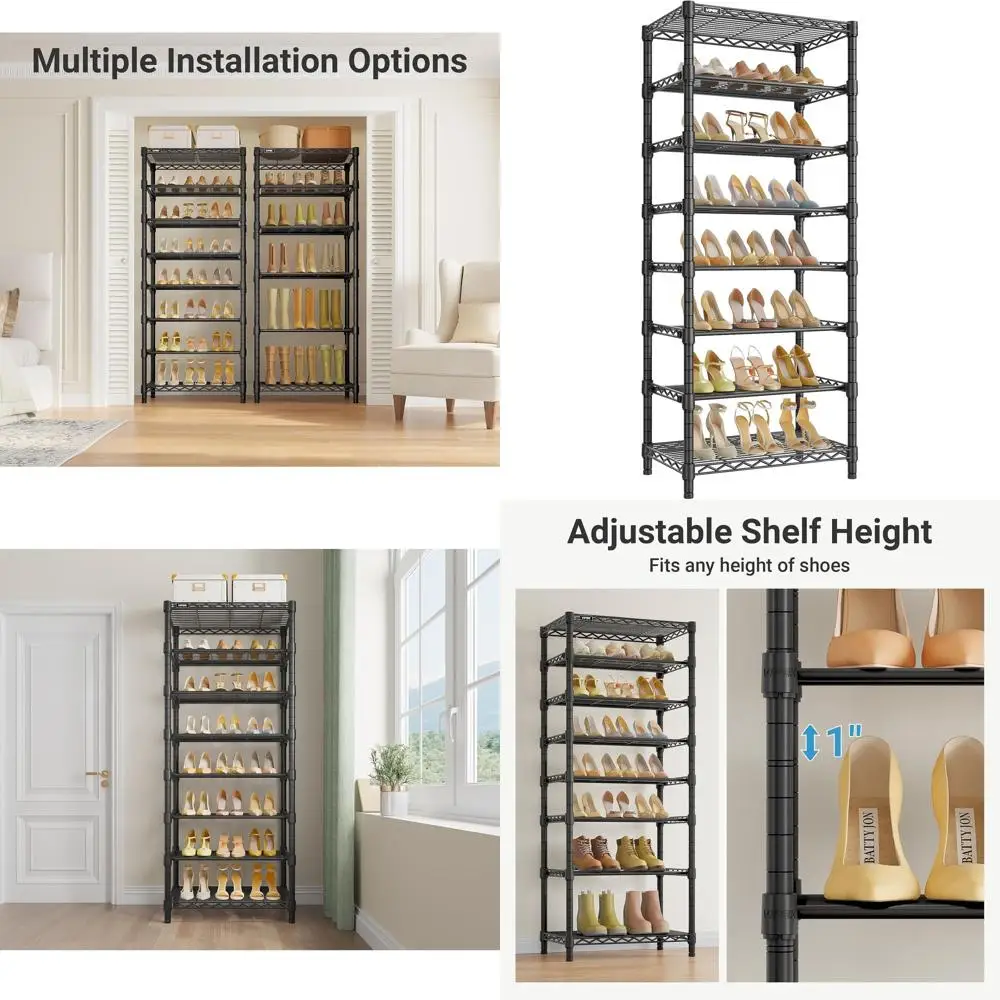 

8-Tier Heavy-Duty Metal Shoe Organizer, Adjustable & Detachable Shelves, Holds Up to 24 Pairs, Supports 544 lbs, Black