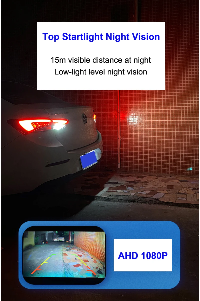 كاميرا الرؤية الخلفية للسيارة اللاسلكية / السلكية AHD 1920x1080P 170 °   عدسة عين السمكة الذهبية عالية الدقة للرؤية الليلية كاميرات أمامية عكسية للسيارة
