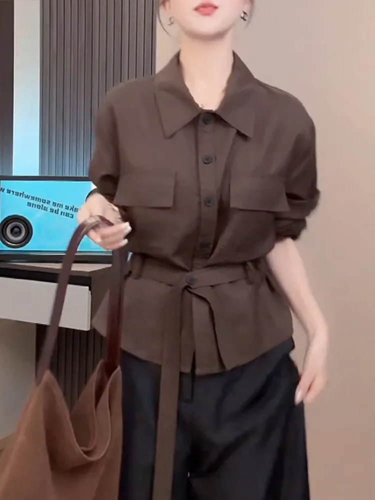 

Retro Waist-Cinching Shirt for Women Spring Autumn New Style Long Sleeve Collar Breathable Casual Loose Fit Fashionable