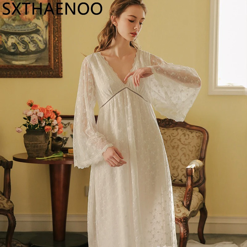 

SXTHAENOO Spring V Neck Nightgown Women Sweet Lovely Sleepwear Leisure Fashion Home Clothes Embroidery Netting White Nightwear