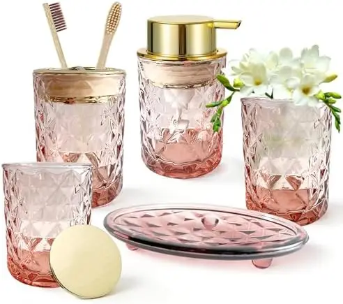 

5PC Brown Bathroom Set - Soap Dispenser, Toothbrush Holder, Tumbler, Q-tip & Soap Dish - Glass Organizer Gift