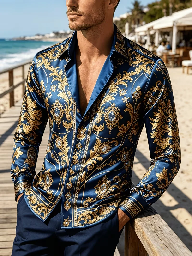 New Blue Gold Fluid Lotus Composite Printed Long Sleeve Shirt with Smooth Drop and Satin Collar for Men