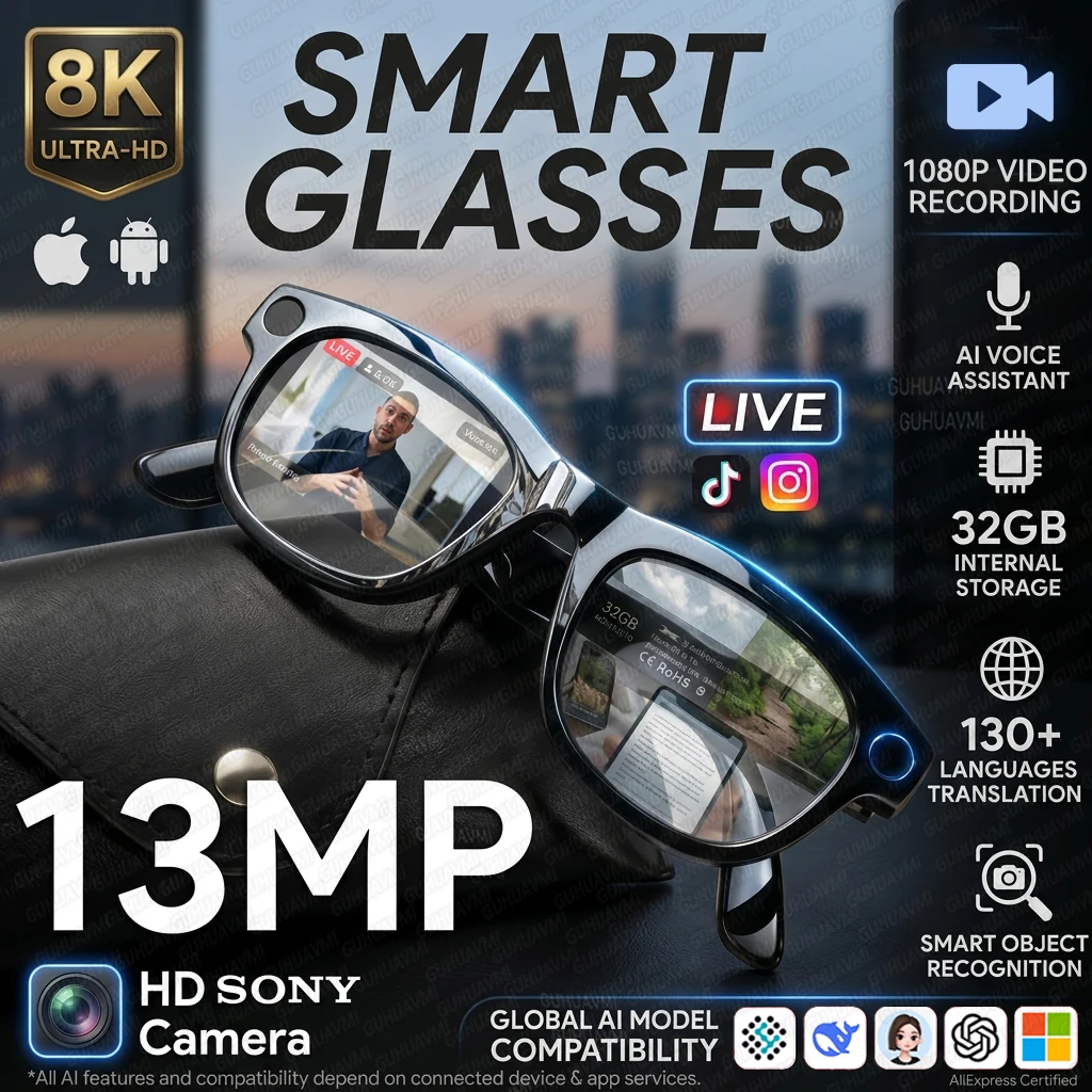 New Video Live Streaming Smart Glasses Men 1300W Pixel Camera 130+Language Translation 32GB  Call Muisc Player AI Glasses Women