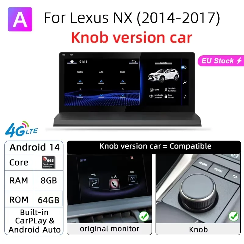 Nunoo Android 14 CarPlay autoradio voor Lexus NX NX200 NX200T NX300h 2014-2021 Multimedia Navigatie GPS DSP 4G WiFi