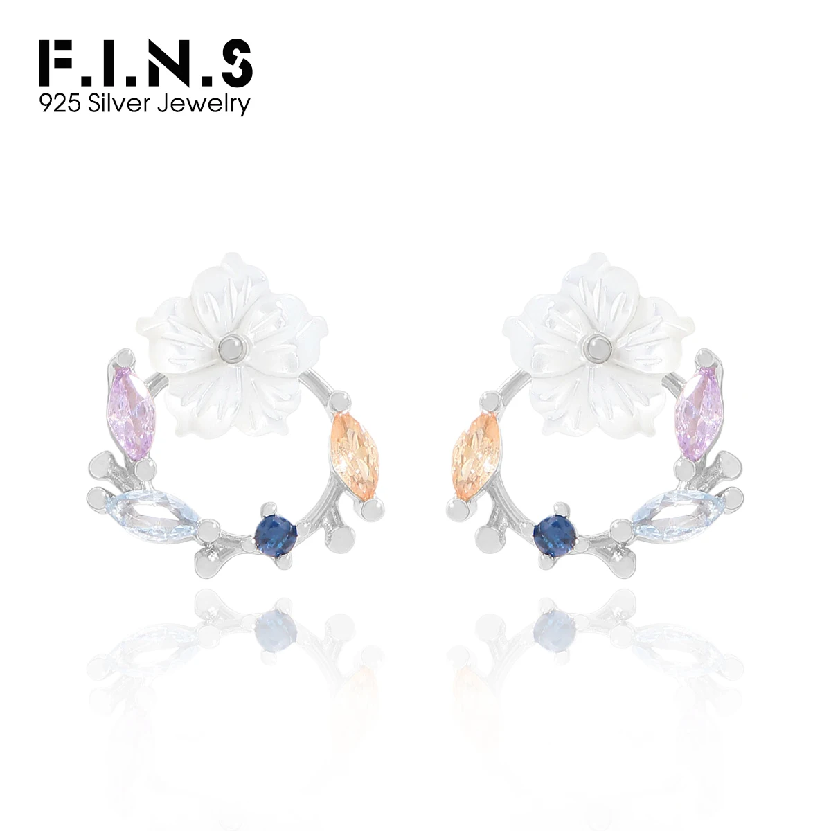 

F.I.N.S Original S925 Sterling Silver Colorful Zircon Natural Shell Flower Earrings Elegant Pierced Hypoallergenic Ear Studs