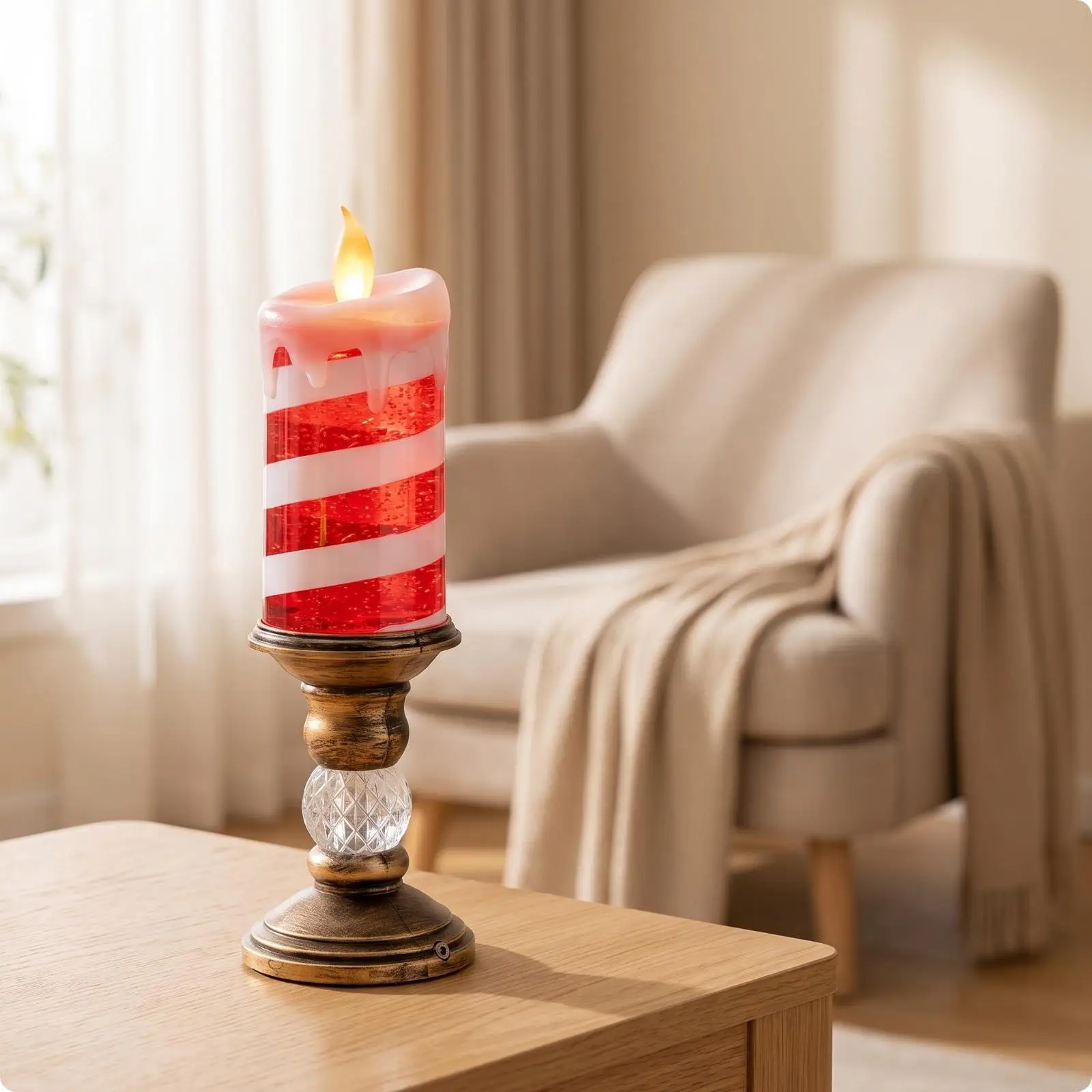 USB Rechargeable Candle Light Striped Body with Tapered Edge and Decorative Stand for Unscented Ambient Nightlight Decor
