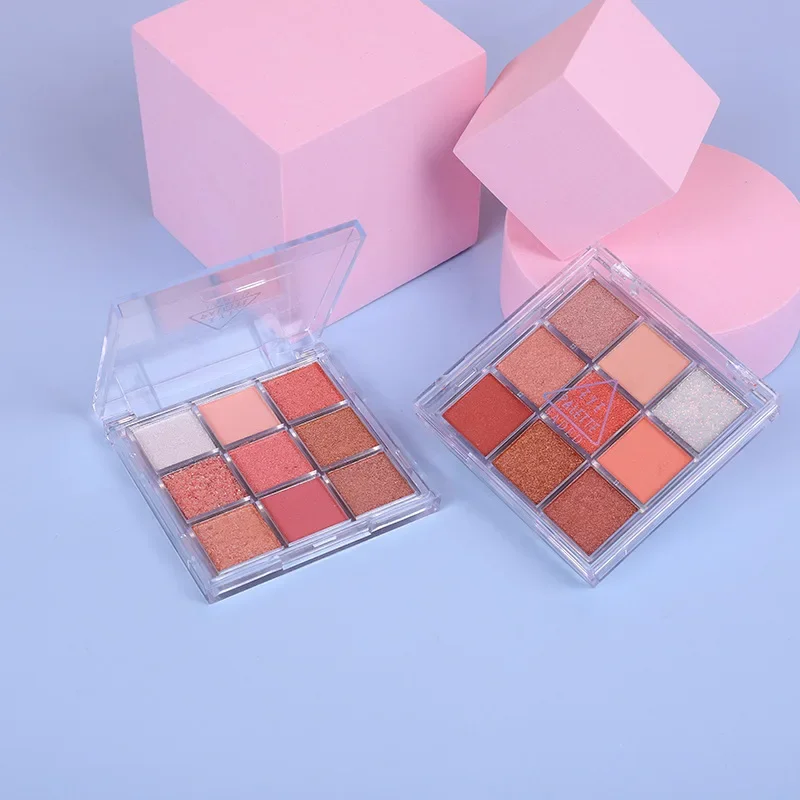 Paleta de sombras com grade palácio de nove cores, glitter perolado, segurando maquiagem, sombras brilhantes de longa duração, ferramentas de beleza para mulheres