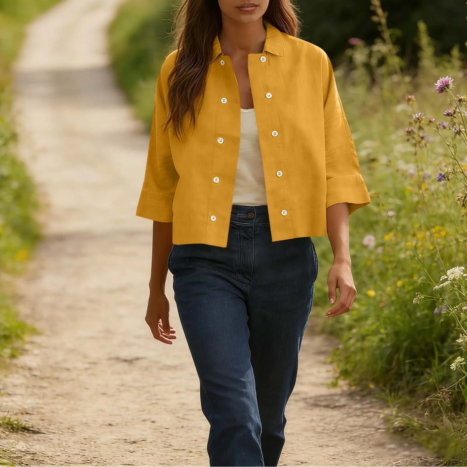 

Women Blouse Solid Cotton Linen Blouses Loose Notched Collar Button Up Shirt Cropped Short Sleeve Shirt Yellow Pink Blue