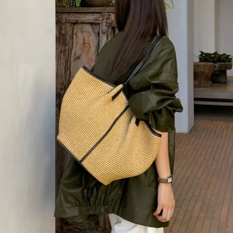 

Ретро-сумка-тоут женская соломенная на плечо, большая вместительная плетеная сумка для покупок и отдыха на море, с подкладкой из полиэстера