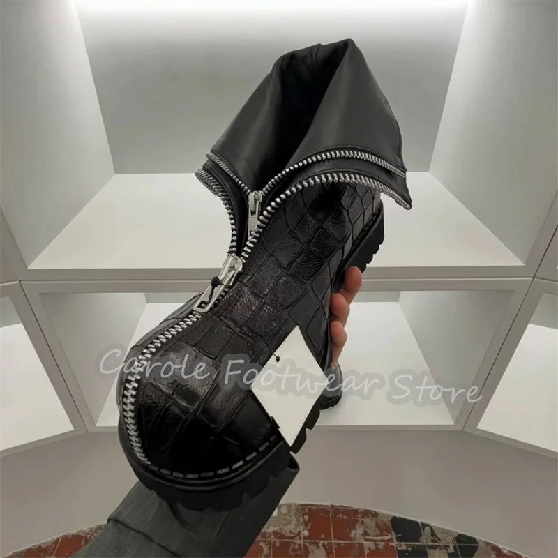 

Black Gothic Crocodile Embossed Leather Mid-Calf Boots Male Double Zipper Chunky Heel Motorcycle Boots Outside Casual Footwear