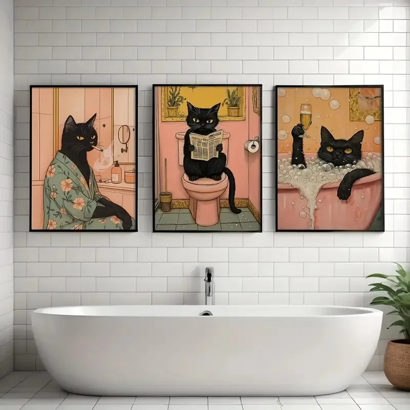 Pink Bathroom Black Cat Canvas Poster Funny Animals Toilet Wall Art Prints For Living Room Bathroom Laundry Room Home Decor