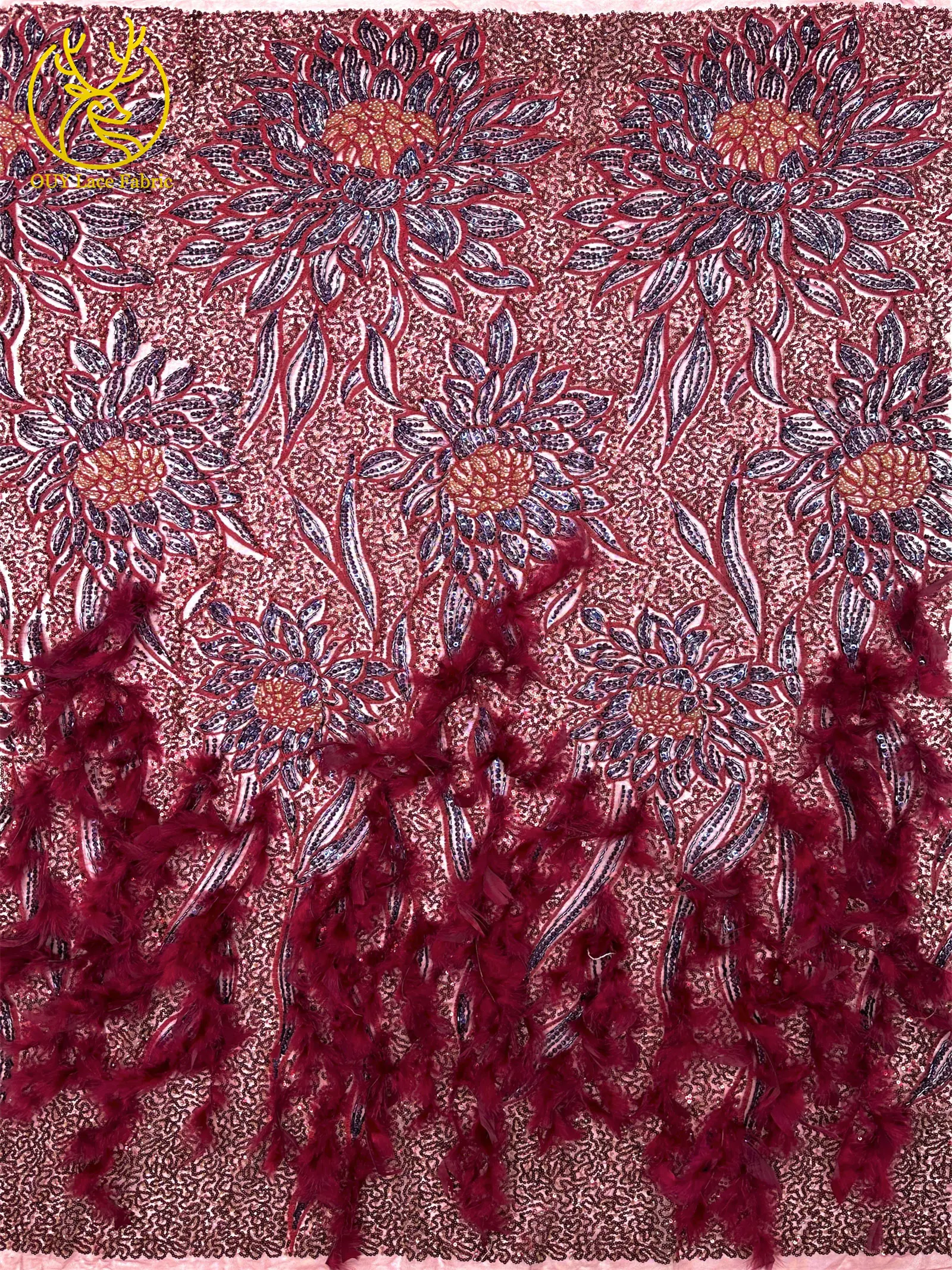 3D High-End Luxus Feder-Stickerei Perlenbesetzter Afrikanischer Spitzenstoff 2026 Nigerianische Französische Pailletten-Spitze für Hochzeitskleider zum Nähen – Detail 6