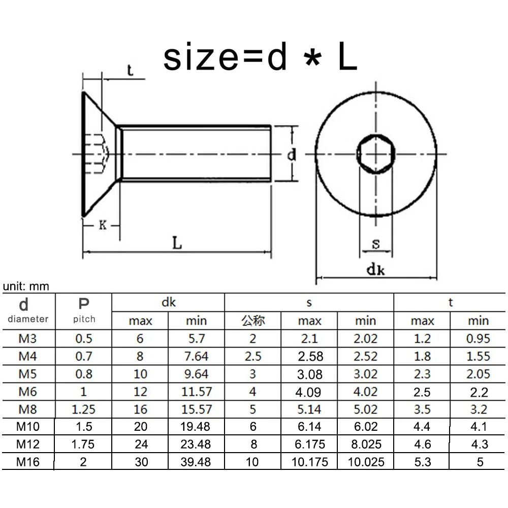 DIN7991 A4-70 316 Stainless Steel Hex Socket Flat Countersunk Head Screw M3 M4 M5 M6 M8 M10 M12 M16 Hexagon Allen Bolt