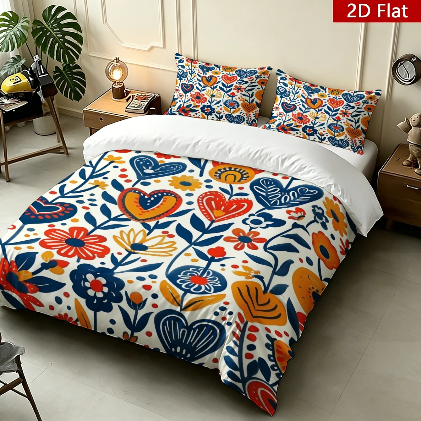 3-Piece 2D Bedding Set with Digital Printing, Colorful Floral and Heart-Shaped Patterns, Featuring Blue, Red, and Yellow Designs, Ultra-Soft Brushed Digital Print, Soft and Comfortable Fabric