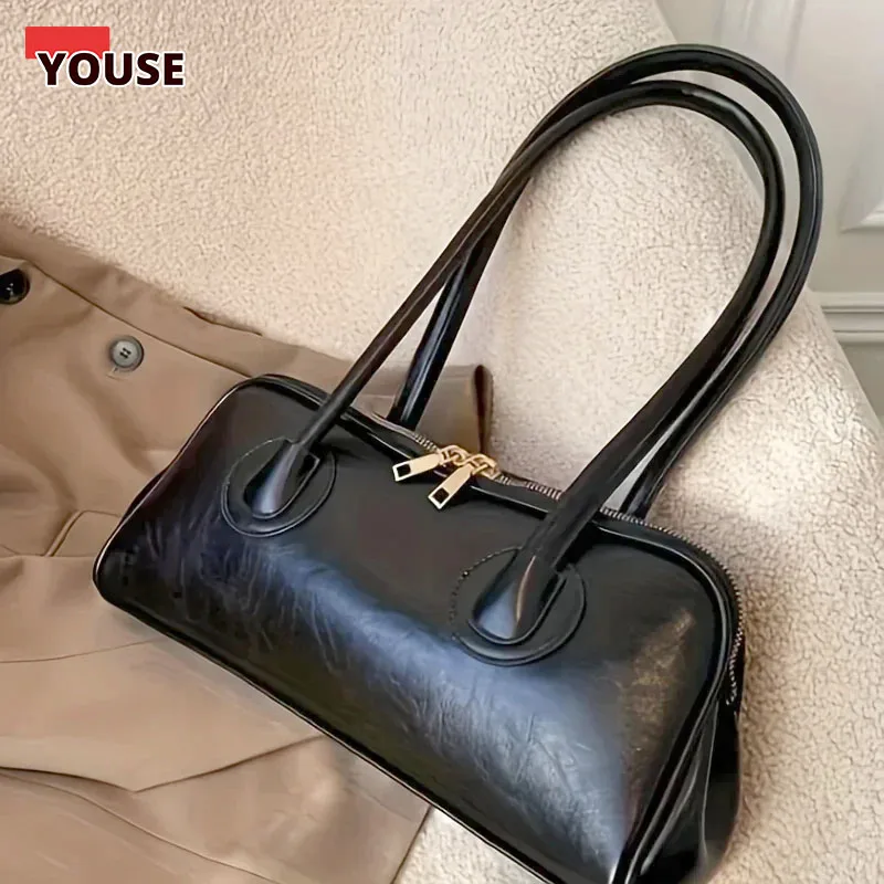 

Vintage Arched Leather Handbag - Chestnut Brown Top Handle Bag with Gold-Tone Zipper Elegant Handbag with Stitching Detail