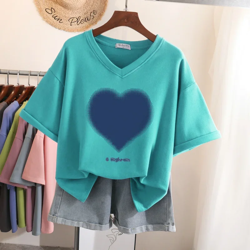 

EBAIHUI 100% Cotton L-6XL T Shirt Plus Size Tshirt Short Sleeve Women Top Summer Heart Print Couple V Neck Oversized T Shirts