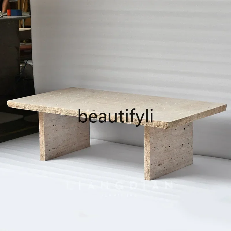 

qqMinimalist creative natural Roman travertine rectangular coffee table designer living room sofa low coffee table
