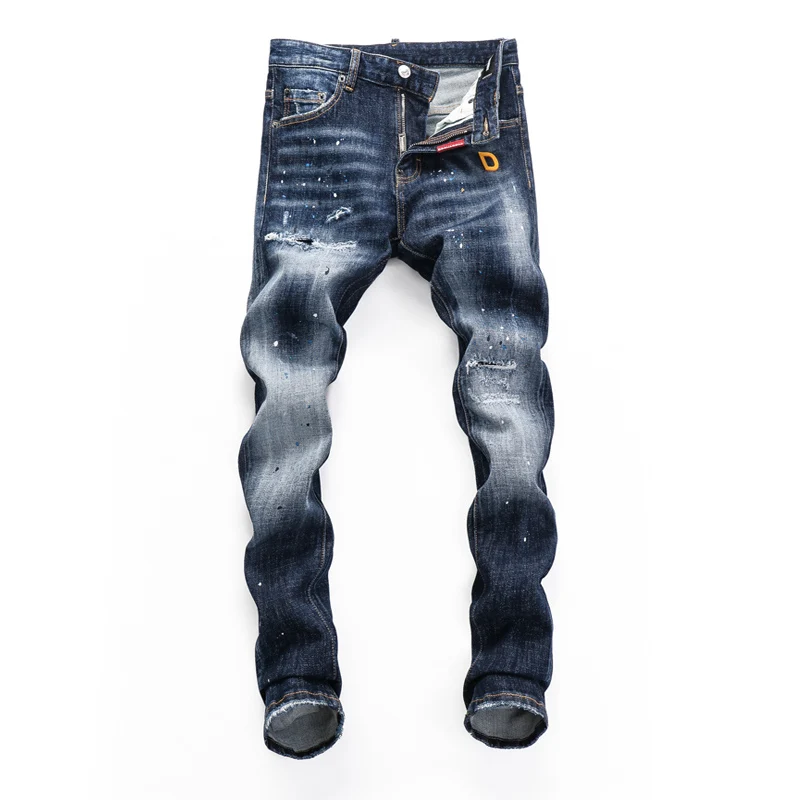 Street Fashion Men Jeans High Quality Retro Blue Elastic Slim Fit Ripped Jeans Men Embroidery Designer Denim Brand Pants Hombre