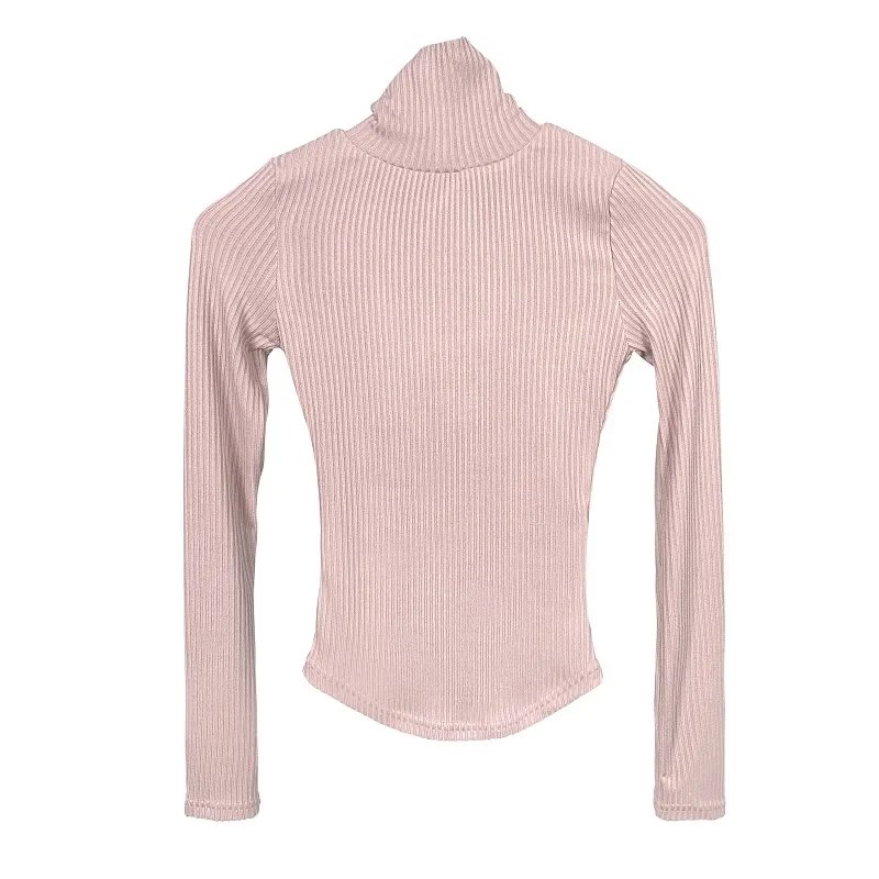 Damska dopasowana koszulka z golfem, prążkowana, z długim rękawem, koreańska, uniwersalna, prosta baza pod ubrania, seksowne krótkie topy.