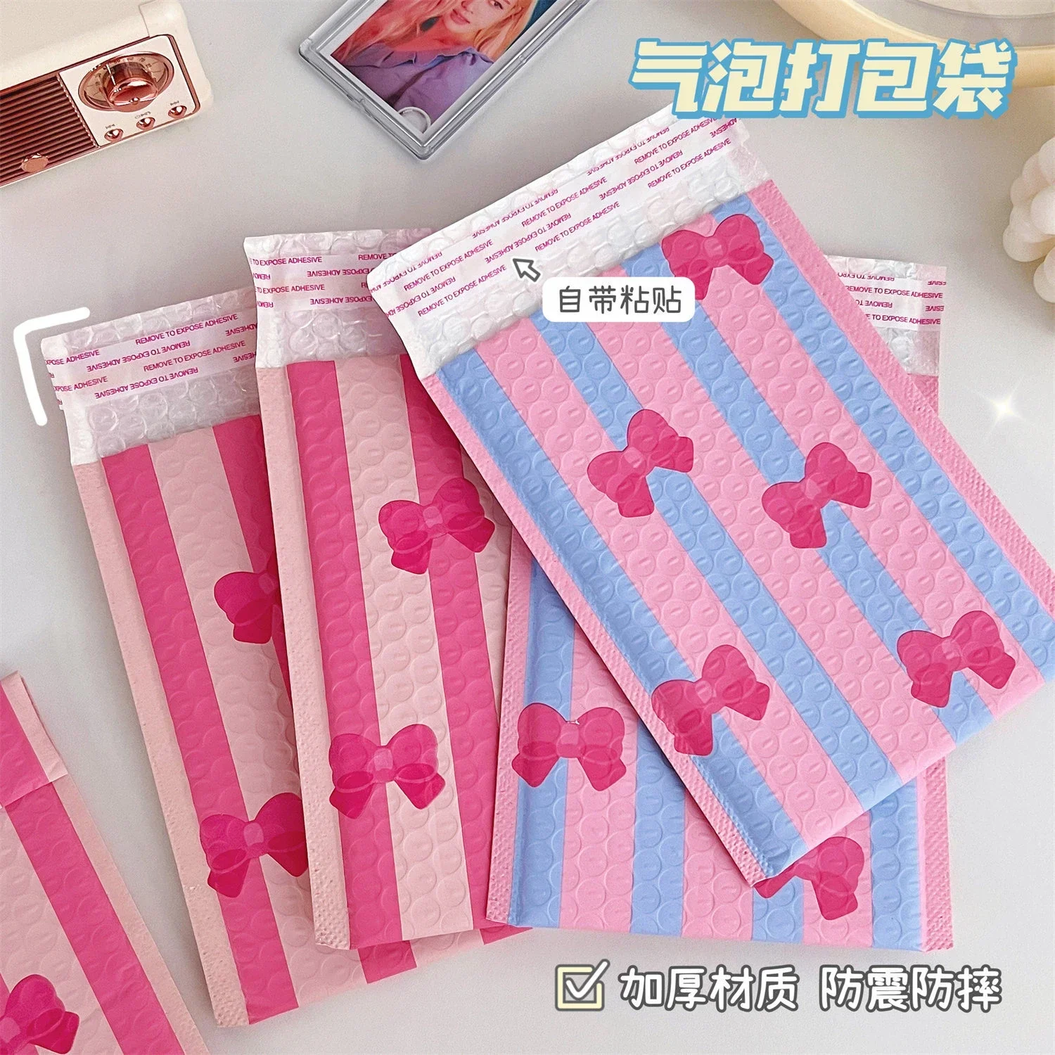 10Pcs INS Bow Rose Pink Blue Stripe Bubble Mailer Korean Kpop Photocard DIY Packing Bag Shipping Thickened Bubble Envelope Bag