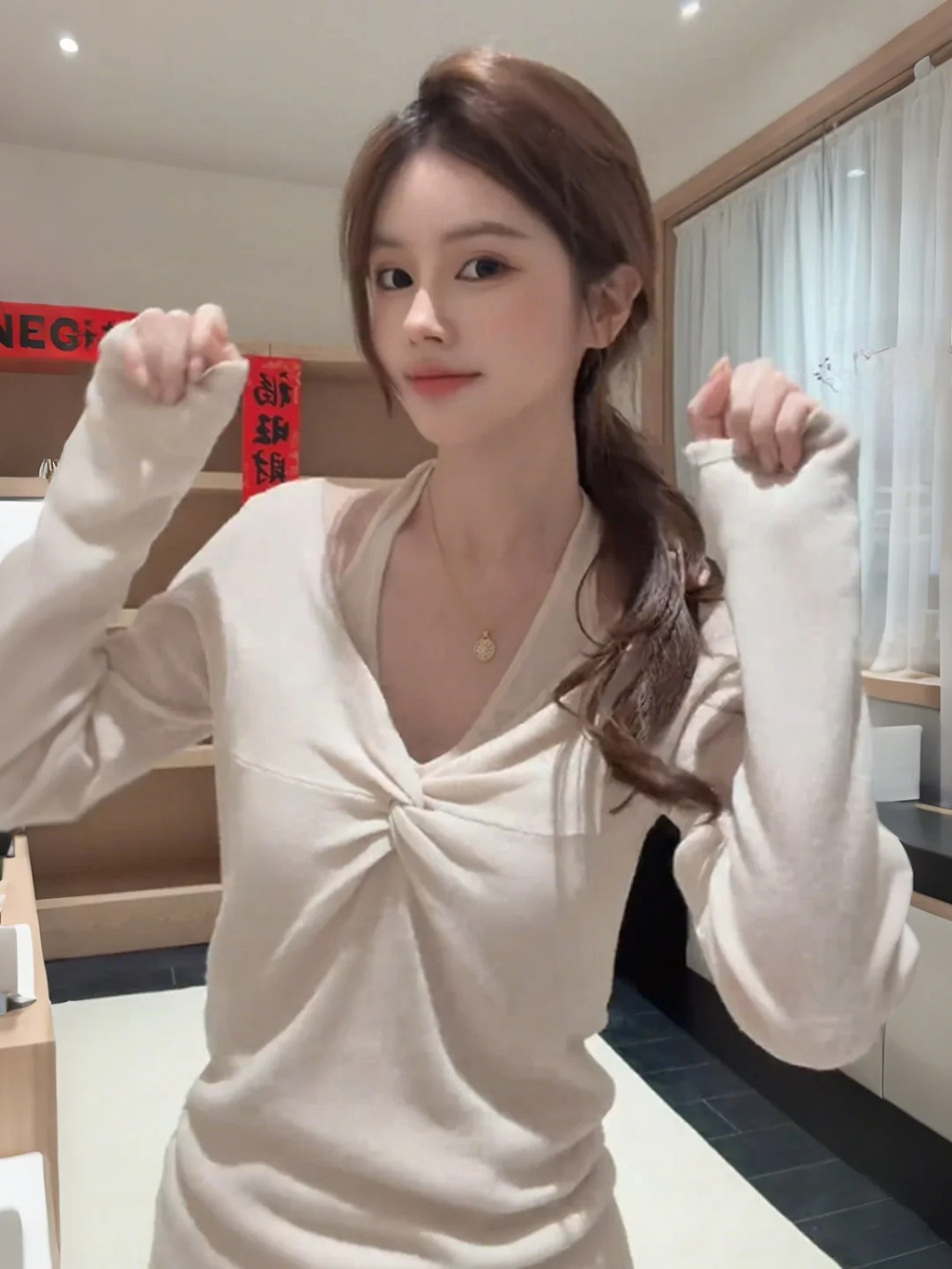 

Women's V-Ne Knitted Sweater Ne-Tie Base Layer Top Early Spring Slim Fit Inner Wear Long Sve Warm Faionable