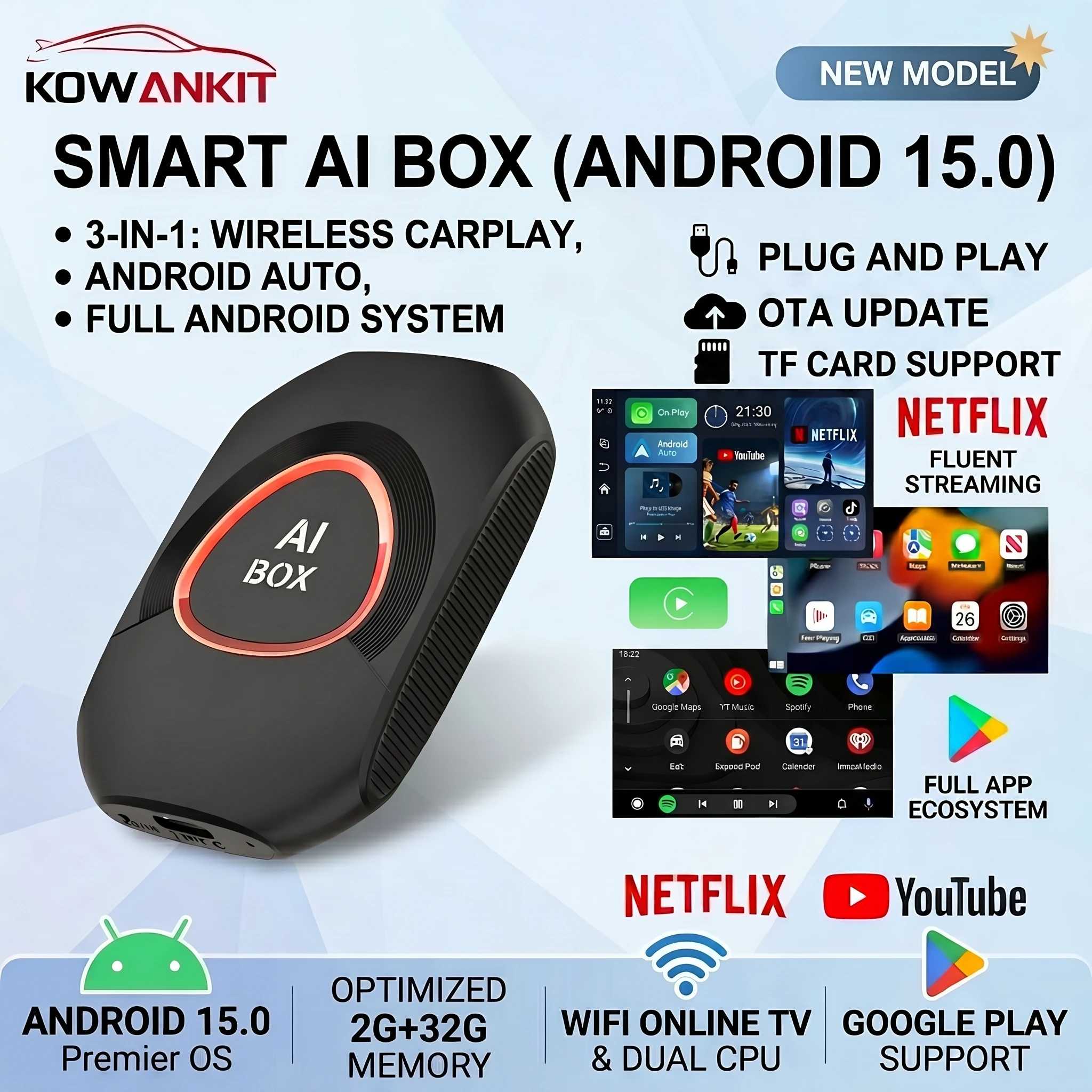 2026 Kowankit Android 15 3 in 1 Wireless CarPlay Smart AI Box Android Auto Adapter Plug Play Car TV Box Support YouTube Netflix