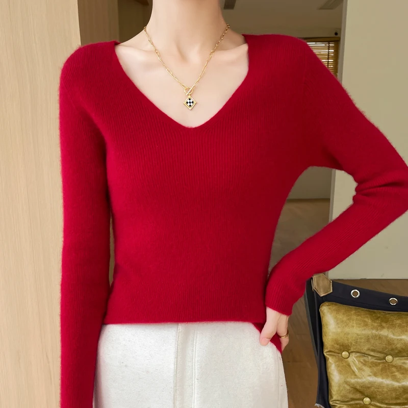 New Autumn And Winter V-Neck Pullover Sweater, Skin-Friendly, Highly Elastic Solid-Color Knitted Long-Sleeved Women's Top-GH459