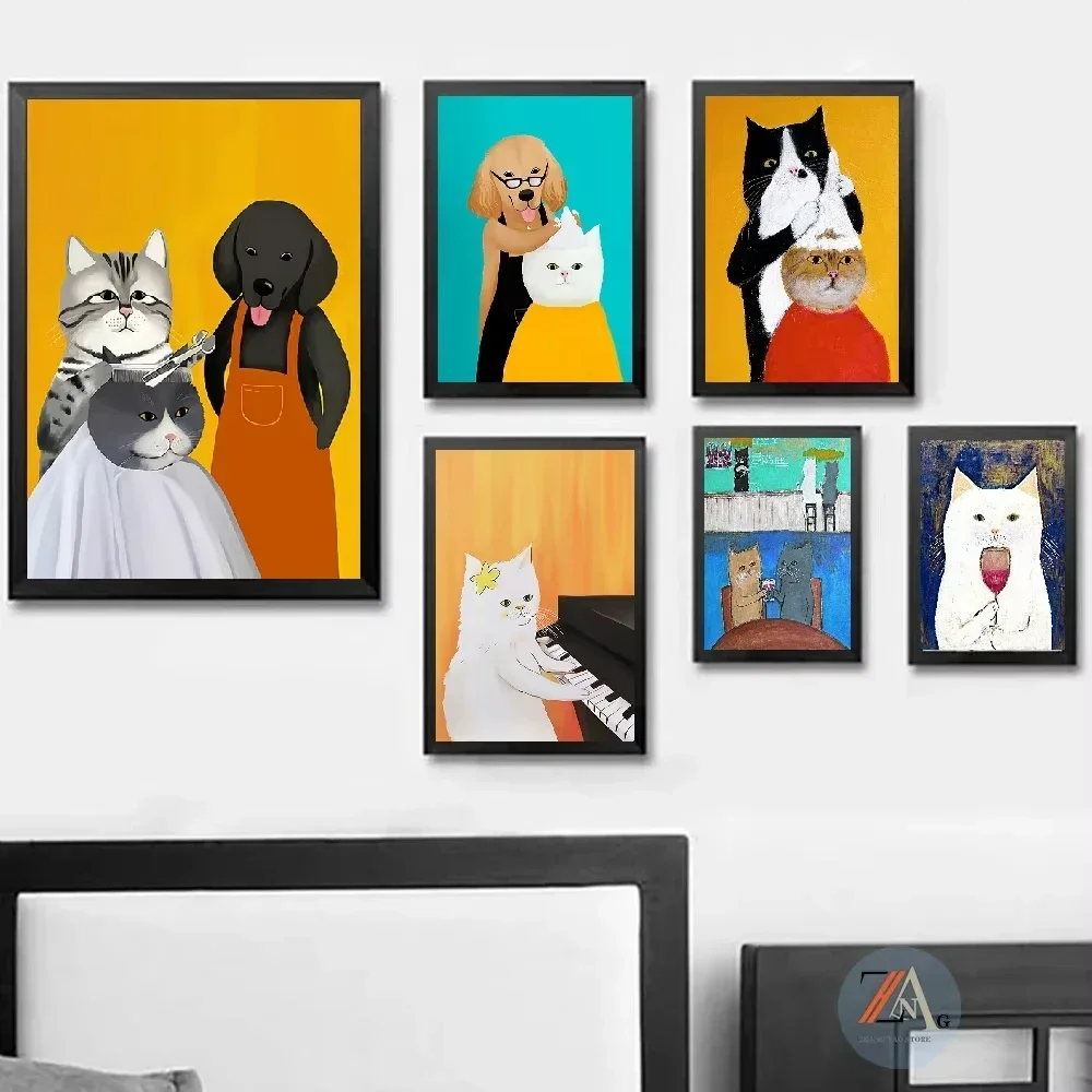 1pc frameless Canvas Painting Abstract Cartoon Cat and Dog Fun Wall Art Barber Dog Cat DJing to Music Sewing Machine Retro Anima