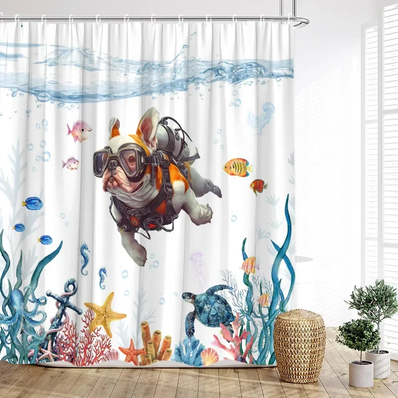 Funny Diving Cat Dog Shower Curtain Cute Cartoon Bathing Animals Sea Turtle Underwater Scenery Kids Bathroom Curtains Decor Se