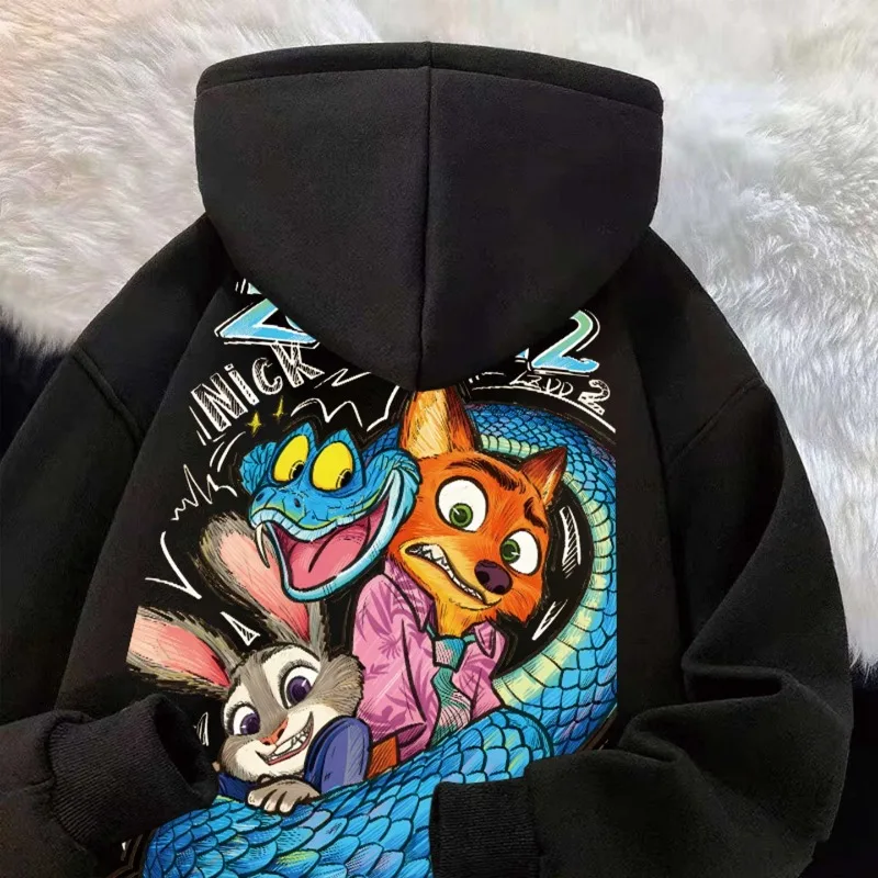 

Толстовка с героями мультфильмов Zootopia Nick & Judy Fun, свободная толстовка для пар на флисовой подкладке с граффити, осенне-зимняя верхняя одежда
