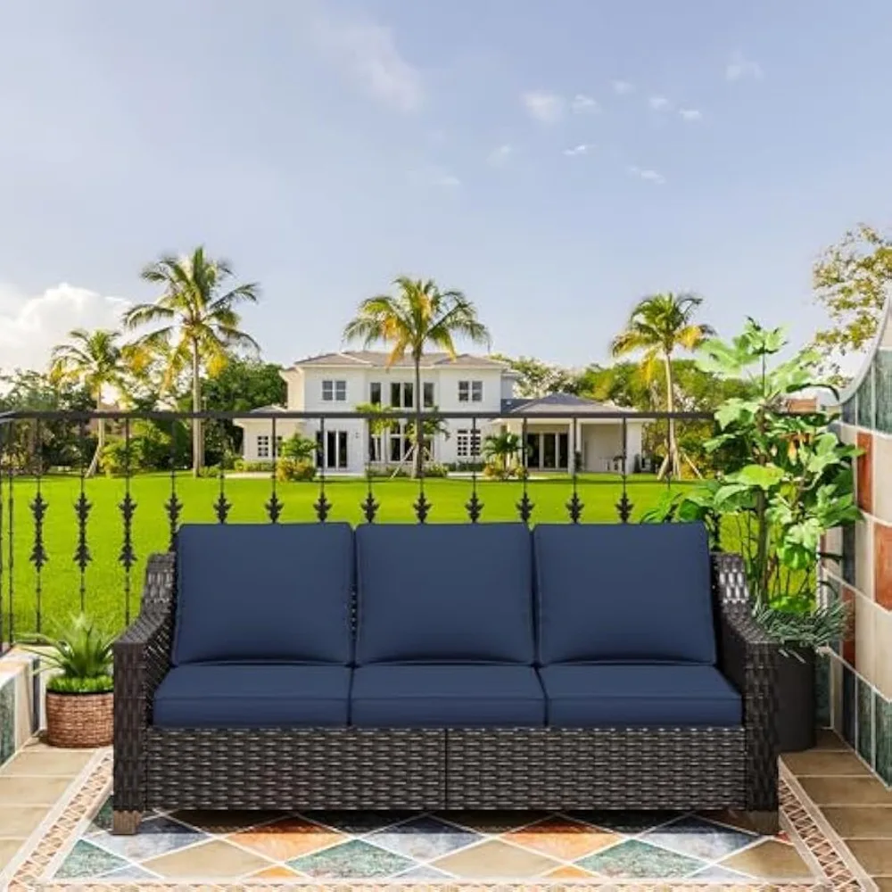 

77'' Patio Sofa, All Weather Outdoor Rattan Wicker 3-Seat Sofa High Back Couch with Premium Cushions for Garden Backyard Porch
