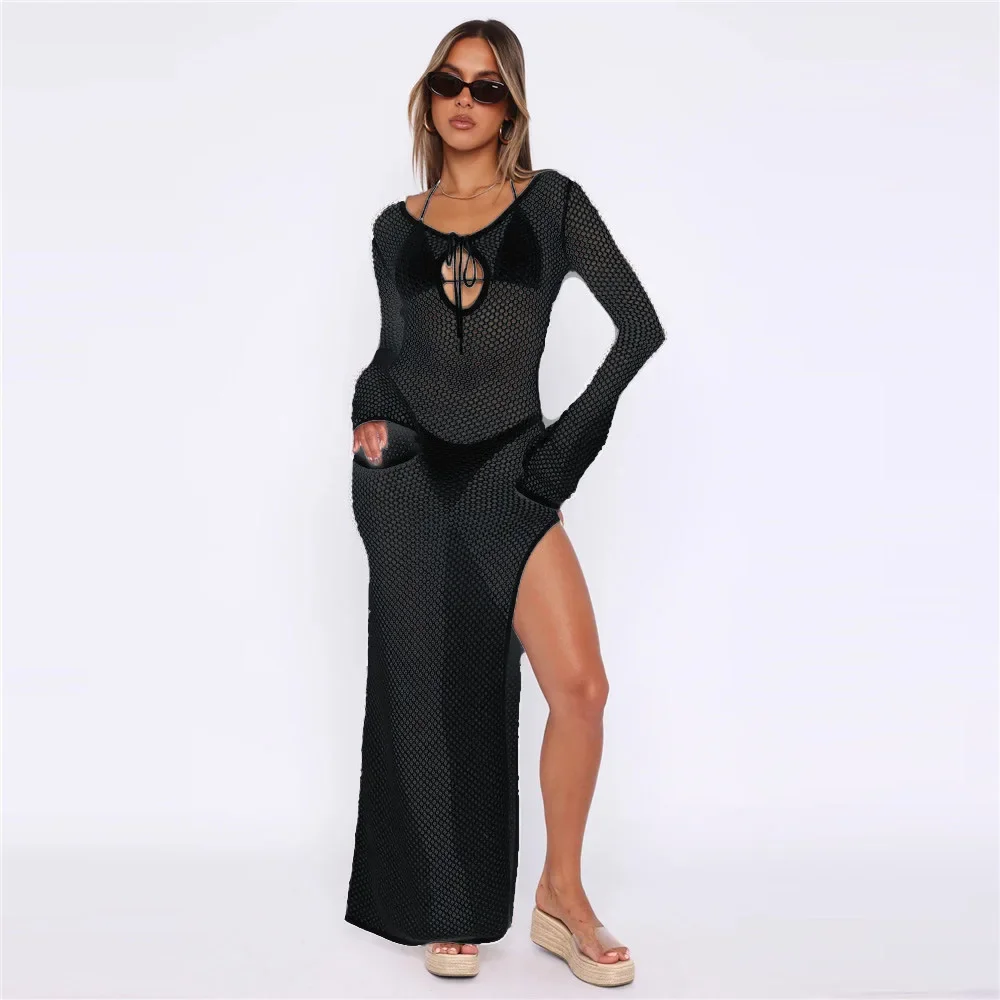 ZWARTE ZOETE Zomer Vrouwen Bikini Cover Up Strandjurk Zonnebrandcrème Lange Mouw Sexy Gebreide Holle Transparante Vakantie Lange Jurk