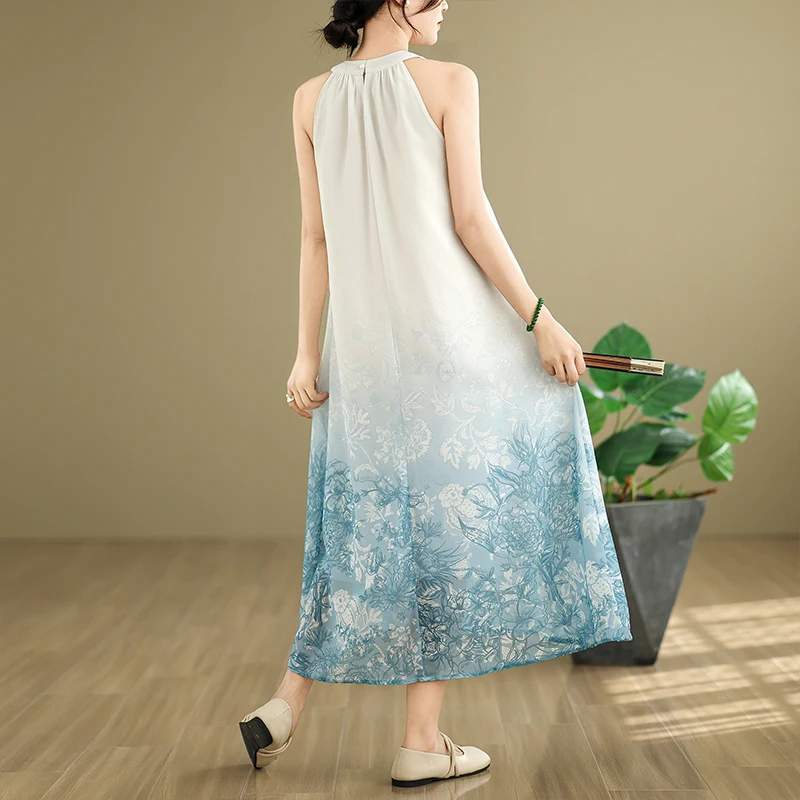 Estate delle nuove donne allentate Dr adient Stampa Svel Abito lungo Ne Design appeso Gonna a trapezio Miscela di cotone Abbigliamento casual