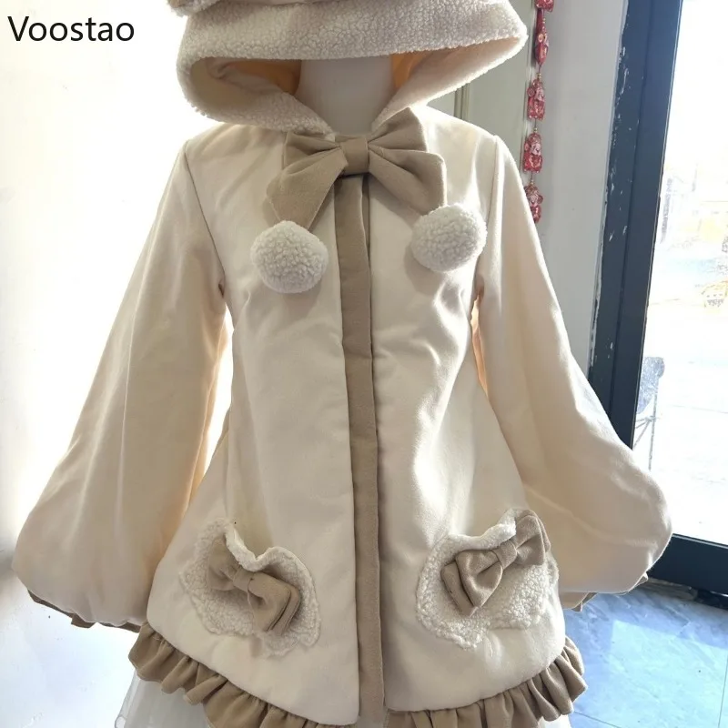 เสื้อคลุมฮู้ดสไตล์โลลิต้าญี่ปุ่น น่ารักหวานแหวว อุ่นสบาย แฟชั่นสำหรับผู้หญิง แจ็คเก็ตฤดูใบไม้ร่วง สไตล์ Y2k พร้อมโบว์  คาร์ดิแกนลำลอง