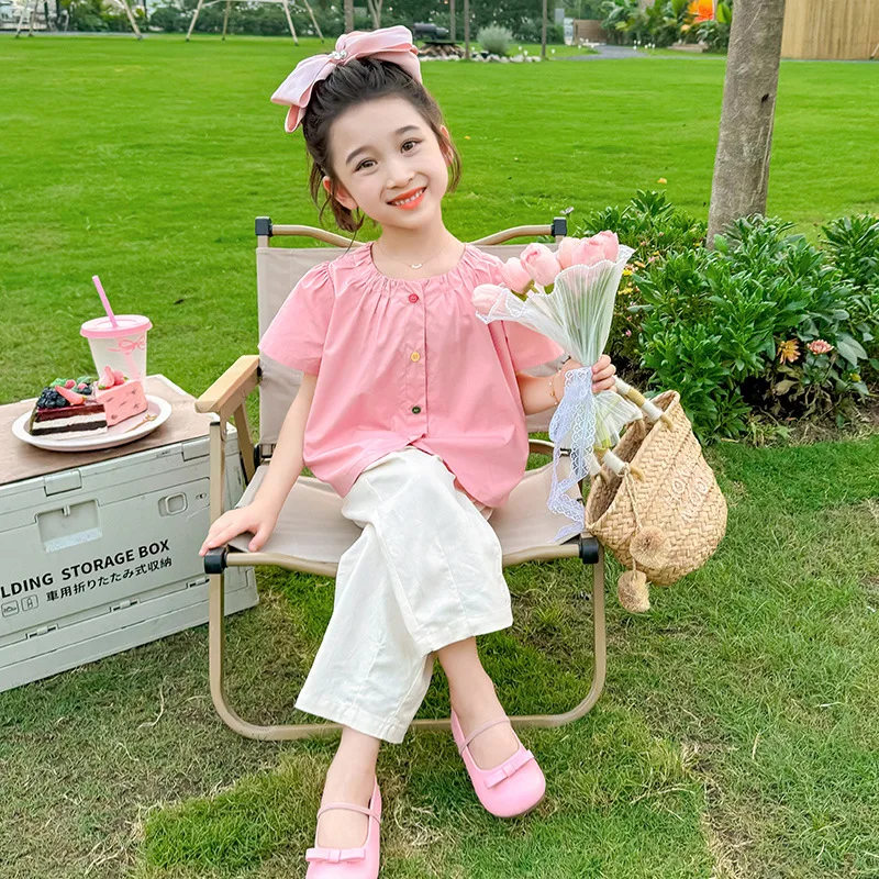 

Girls' Summer Set 2025 New Fashionable Little Girls' Sports Style Solid Color Cotton Set Two Piece Set for Children