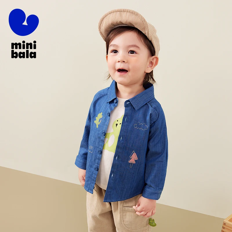 Mini Bala Boys' Loose and Fashionable 2024 Autumn New Product Skin-Friendly Long Sleeve Shirt.