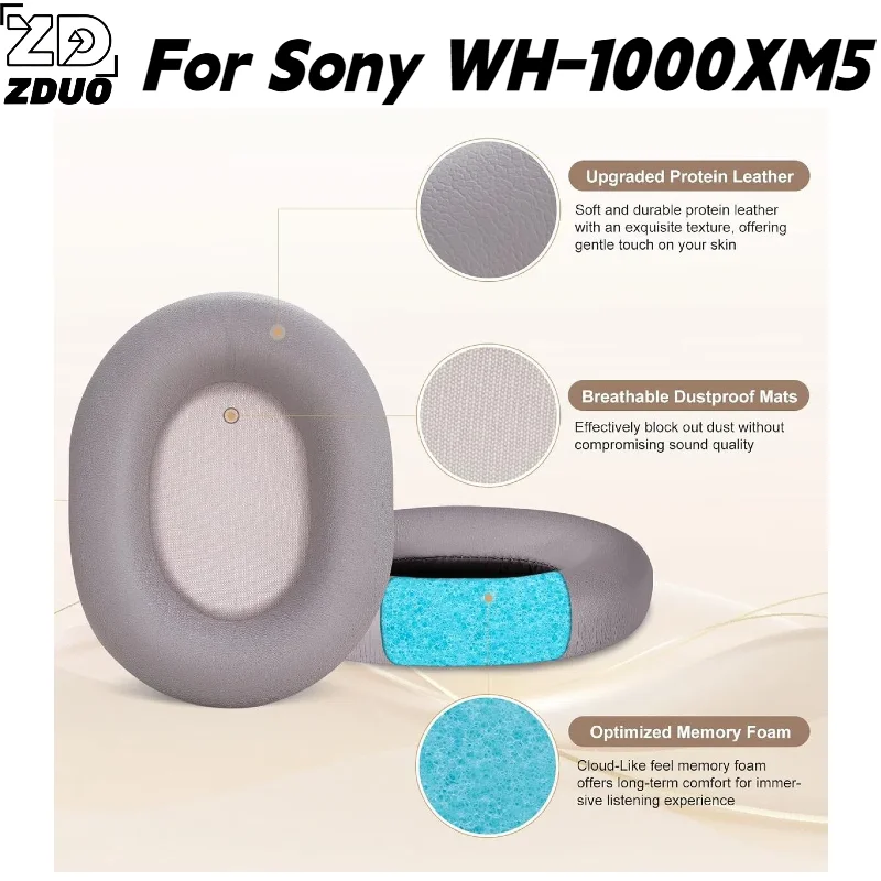 Para los auriculares SONY WH-1000XM5: almohadillas de espuma con memoria de forma y banda para la cabeza con cremallera de silicona, funda protectora, repuesto.
