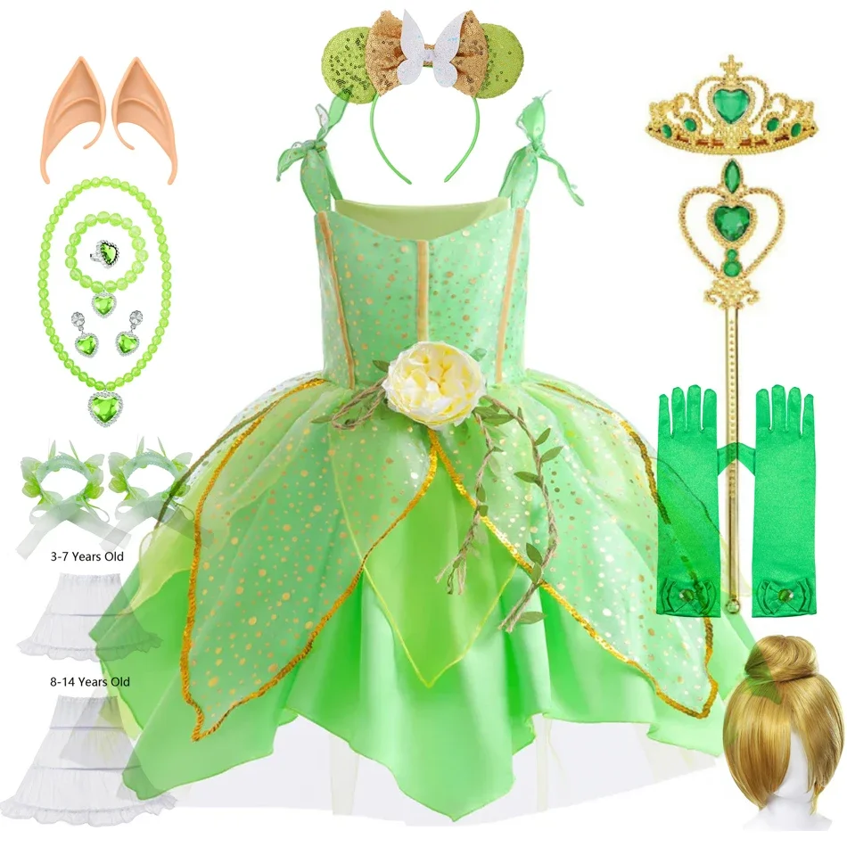 Tinker Bell Girls Dress Fairy Cosplay Costume Kids Green Gowns Child Halloween Outfits