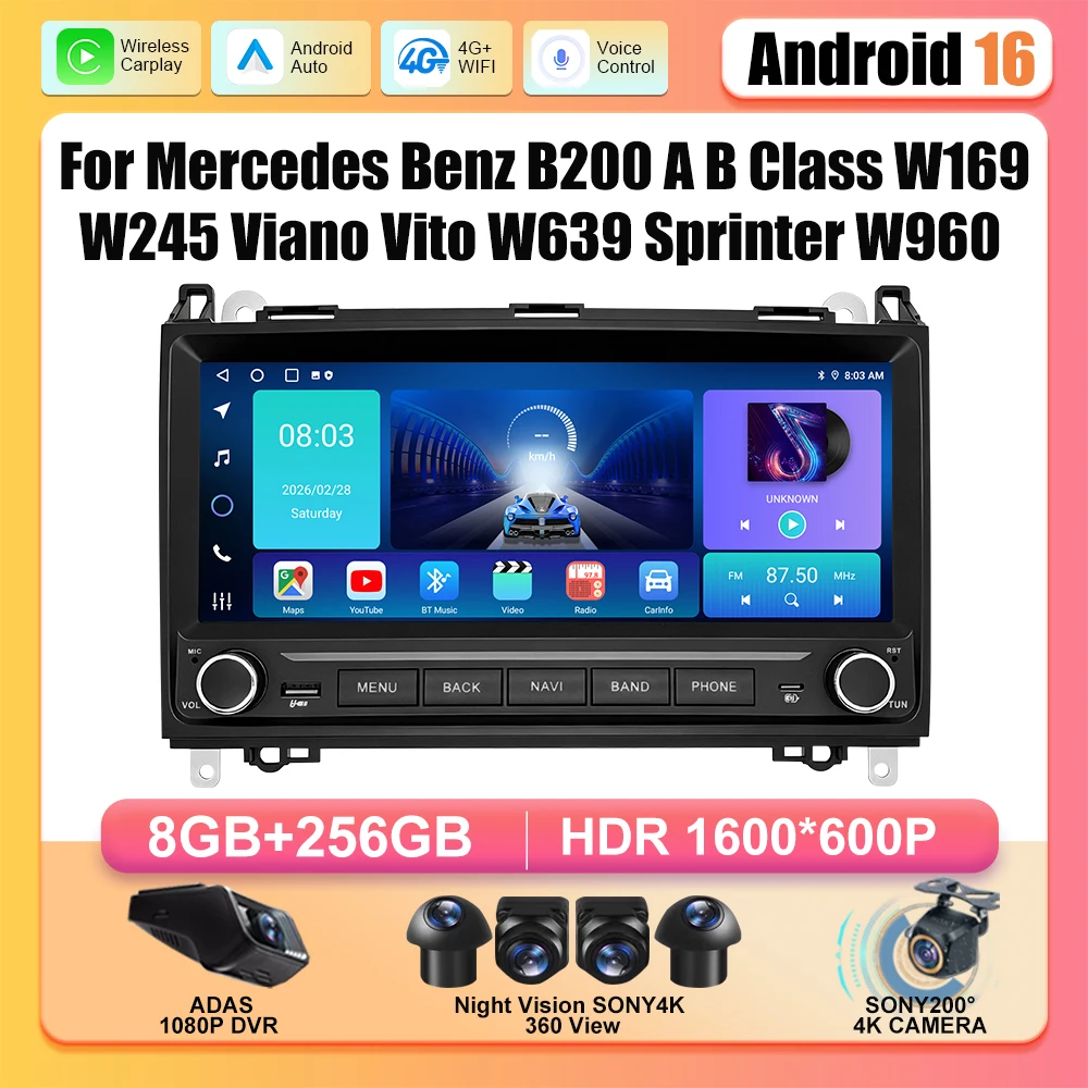 Android 16 For Mercedes Benz B200 A B Class W169 W245 Viano Vito W639 Sprinter W960 Car Radio Carplay Multimedia Player GPS 2din