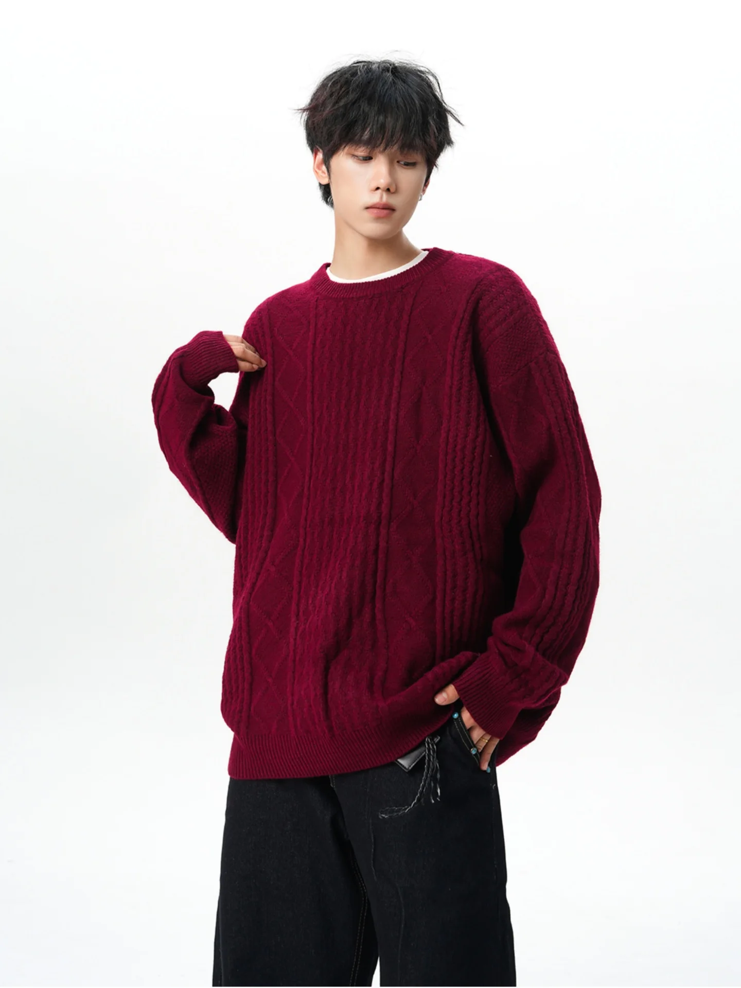 

Red Knitted Sweater Men's Autumn Winter Loose round Ne Flower Pattern Turtlene Base irt Casual Comfortable Polyester Blend