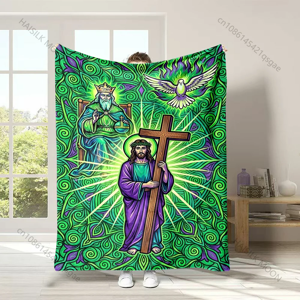 Religious figures and symbolic elements Faith-printed Flannel Blanket Soft Warm Suitable for Home Travel Picnics Camping RV