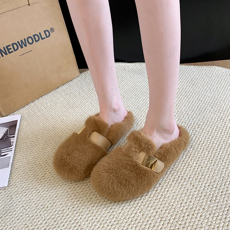 Ladies Slippers Autumn Winter New Warm Slippers Women Winter Retro Lamb Hair Women's Shoes Thick Sole Baotou Plush Slippers