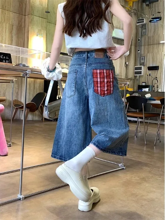 

Американские ретро-джинсы в клетку с пэчворком, женские, летние, новые, свободные, больших размеров, широкие прямые джинсы-капри, повседневные, с высокой талией