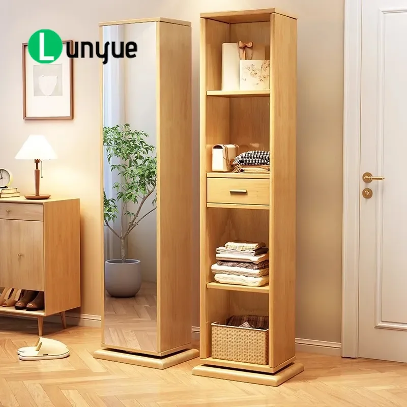 All Solid Wood Full Body Mirror with Locker Rotatable Floor to Ceiling Dressing Mirror Multi Functional Storage for Bedroom