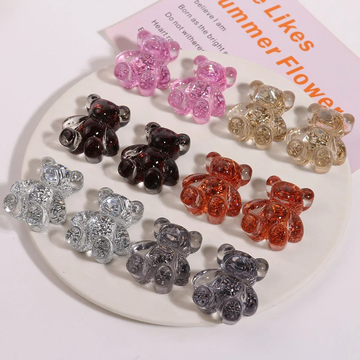 2pcs Sweet Cool Spice Girl Wind Transparent Sequins Gold Bear Resin flatback DIY Hair Accessories Headrope Mobile Phone Case Acc